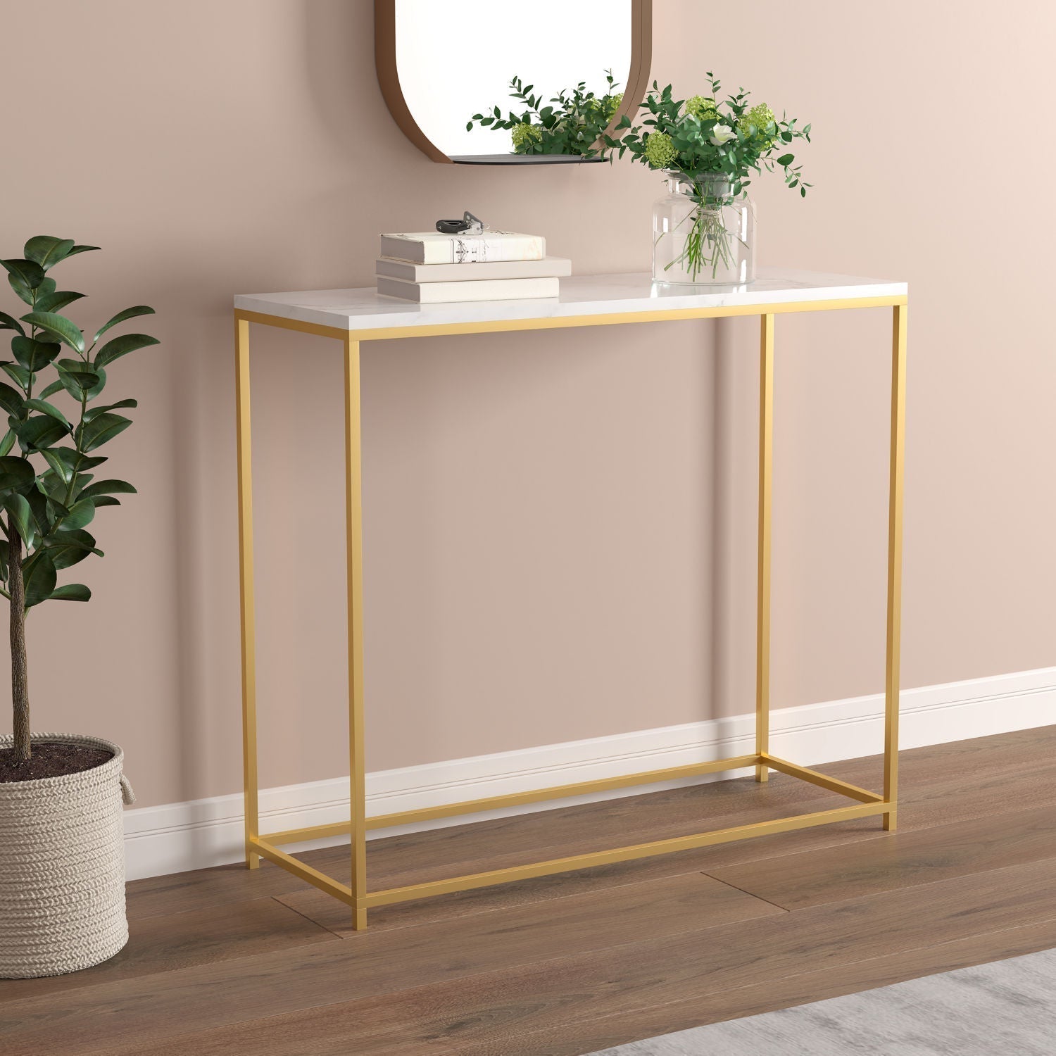 Console Sofa Table Marble Look Gold Metal Frame 