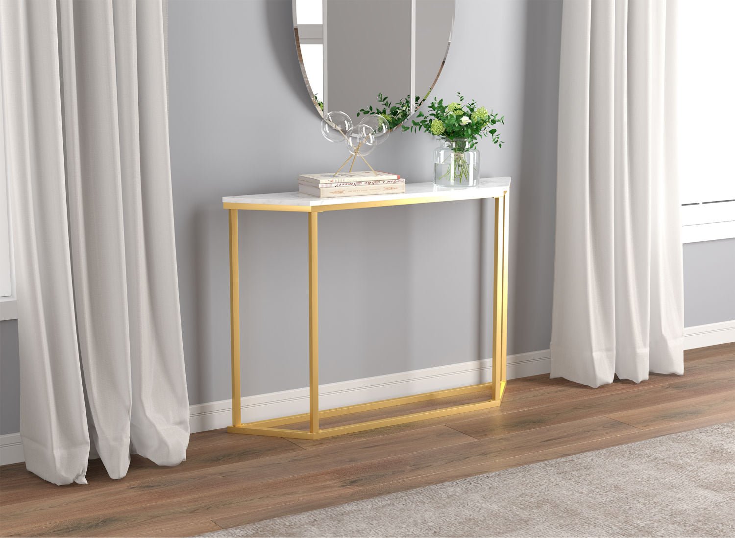 Console Sofa Table Marble Look Gold Metal Frame 