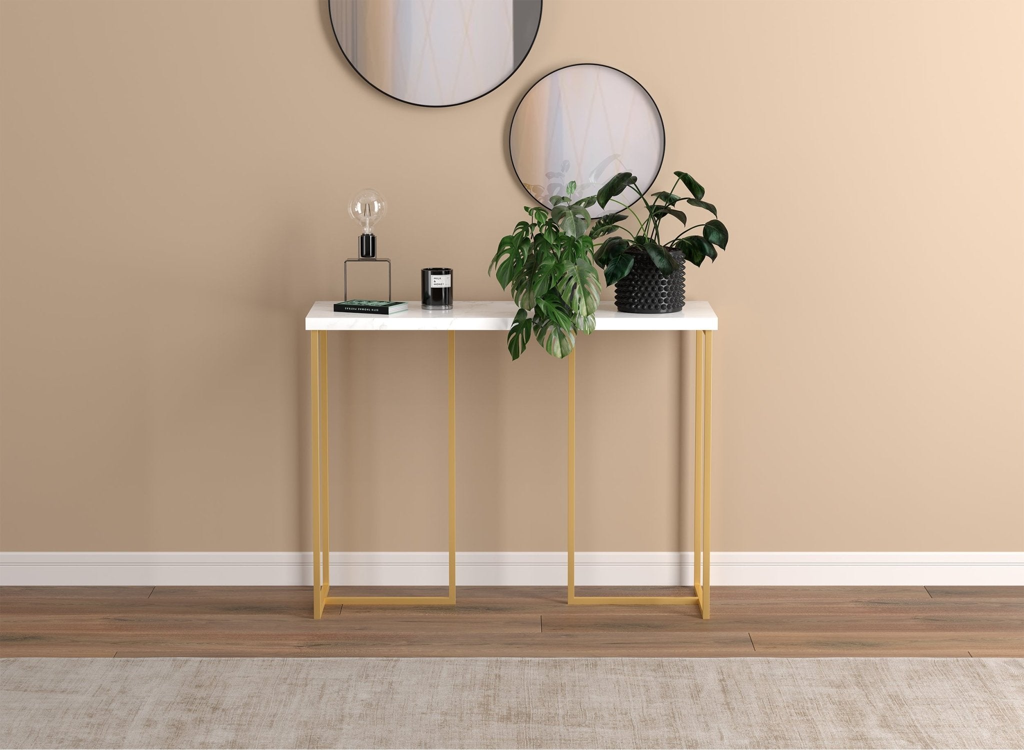 Console Sofa Table Marble Look Gold Metal Frame 