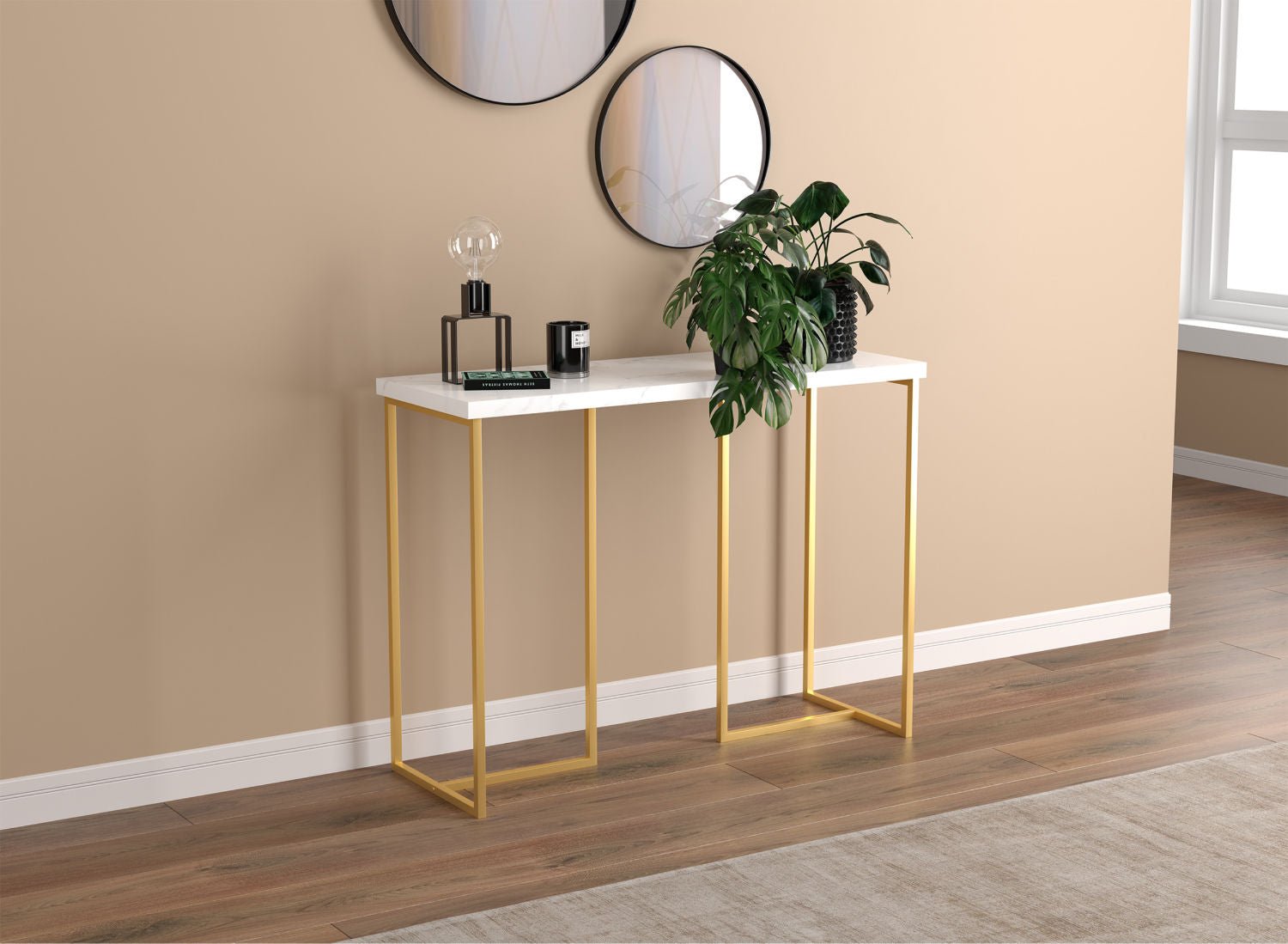 Console Sofa Table Marble Look Gold Metal Frame 