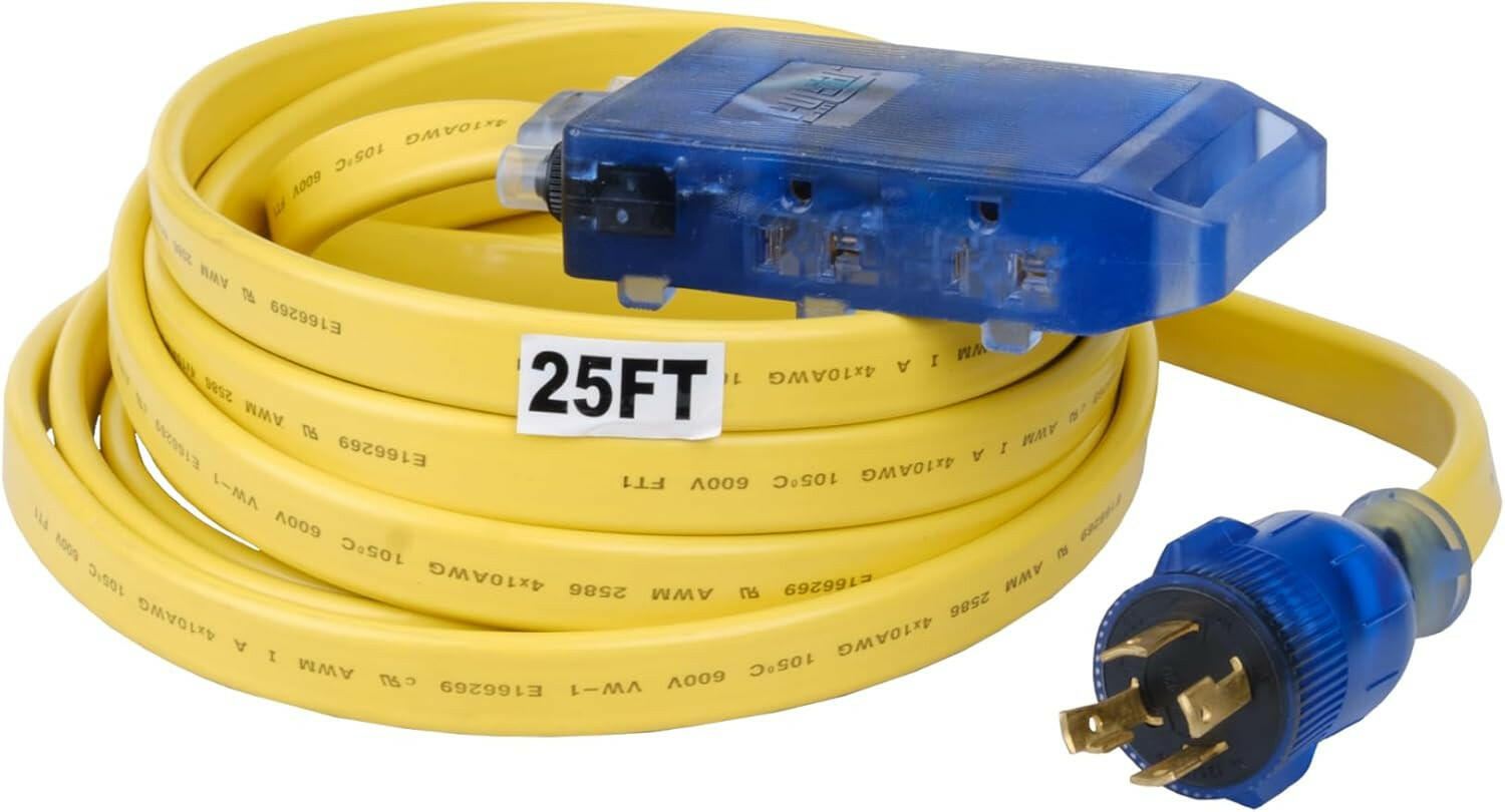 Pulsar PGA424 25 Ft. Generator Extension Cord for L14-30P to 4 5-20R with LED Indicator Yellow 