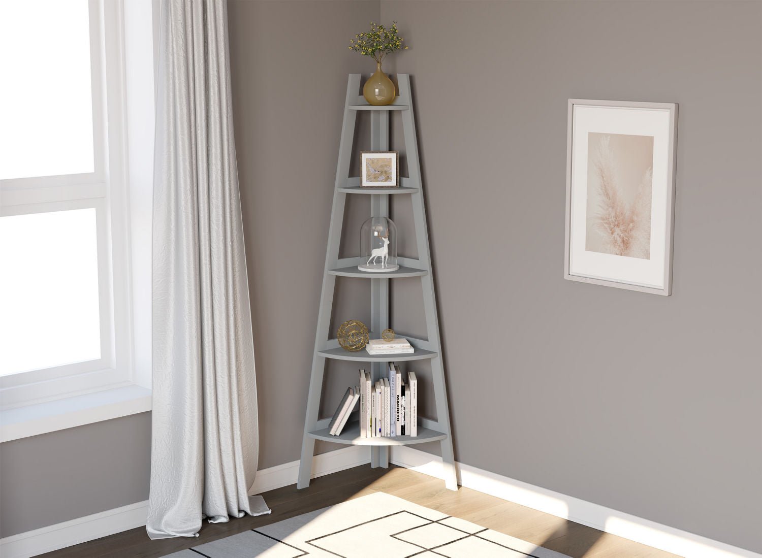 Corner Bookshelf Light Grey 5 Tier With Borders 