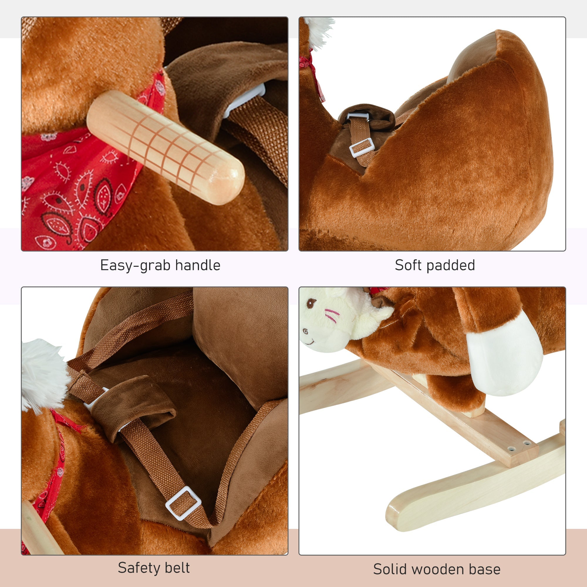 Qaba Kids Ride On Rocking Horse with Cradlesong Handle Grip Hand Puppet Traditional Toy Gift for Children 18-36 Months Brown 