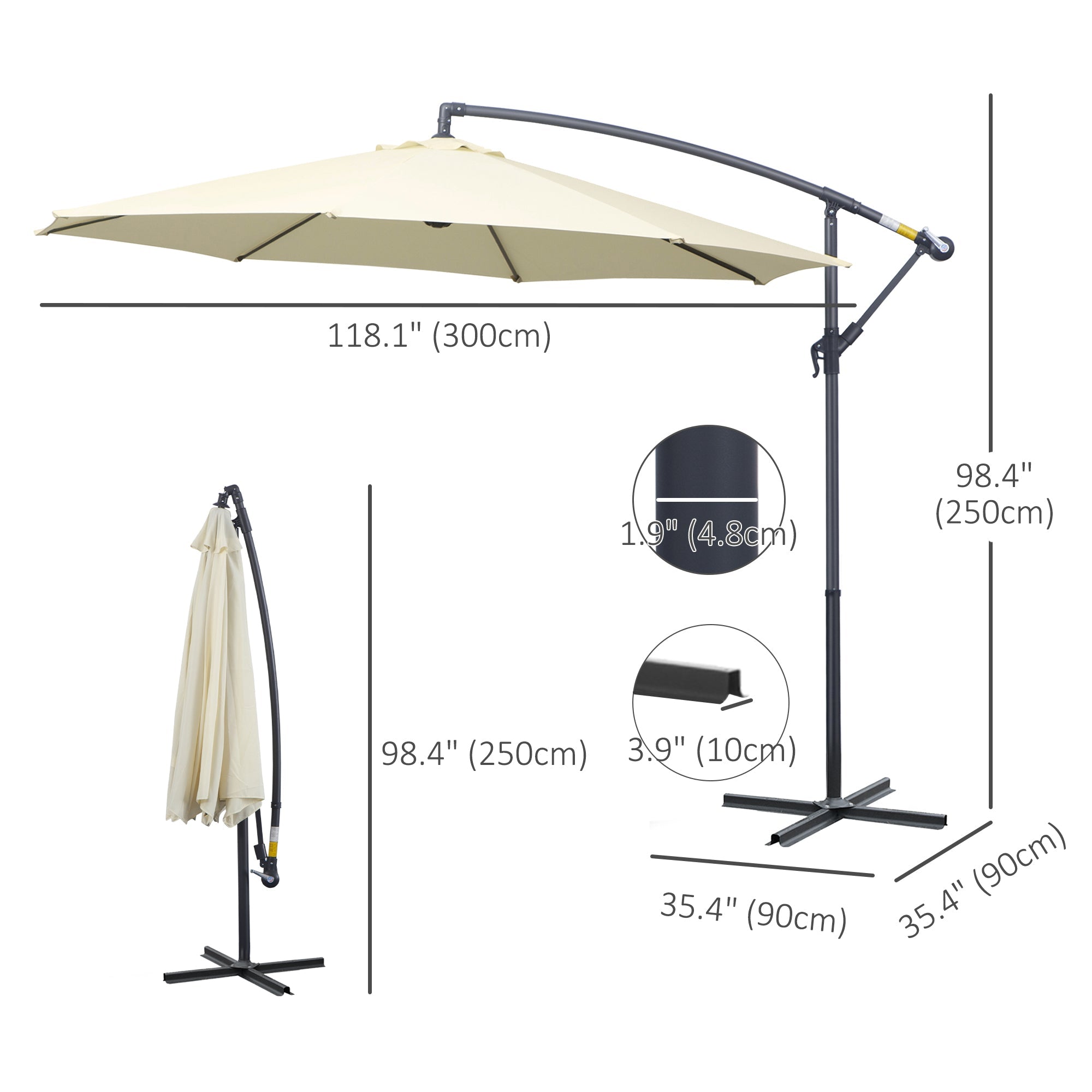 Outsunny Φ10FT Beige Deluxe Cantilever Umbrella Outdoor Market Parasol Hanging Offset Sunshade Crank Base 