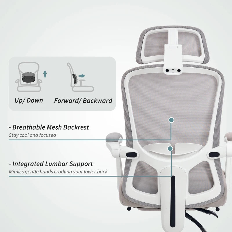 Ergonomic Office Chair, Mesh Reclining Desk Chair with Adjustable Lumbar Support, Headrest, Grey