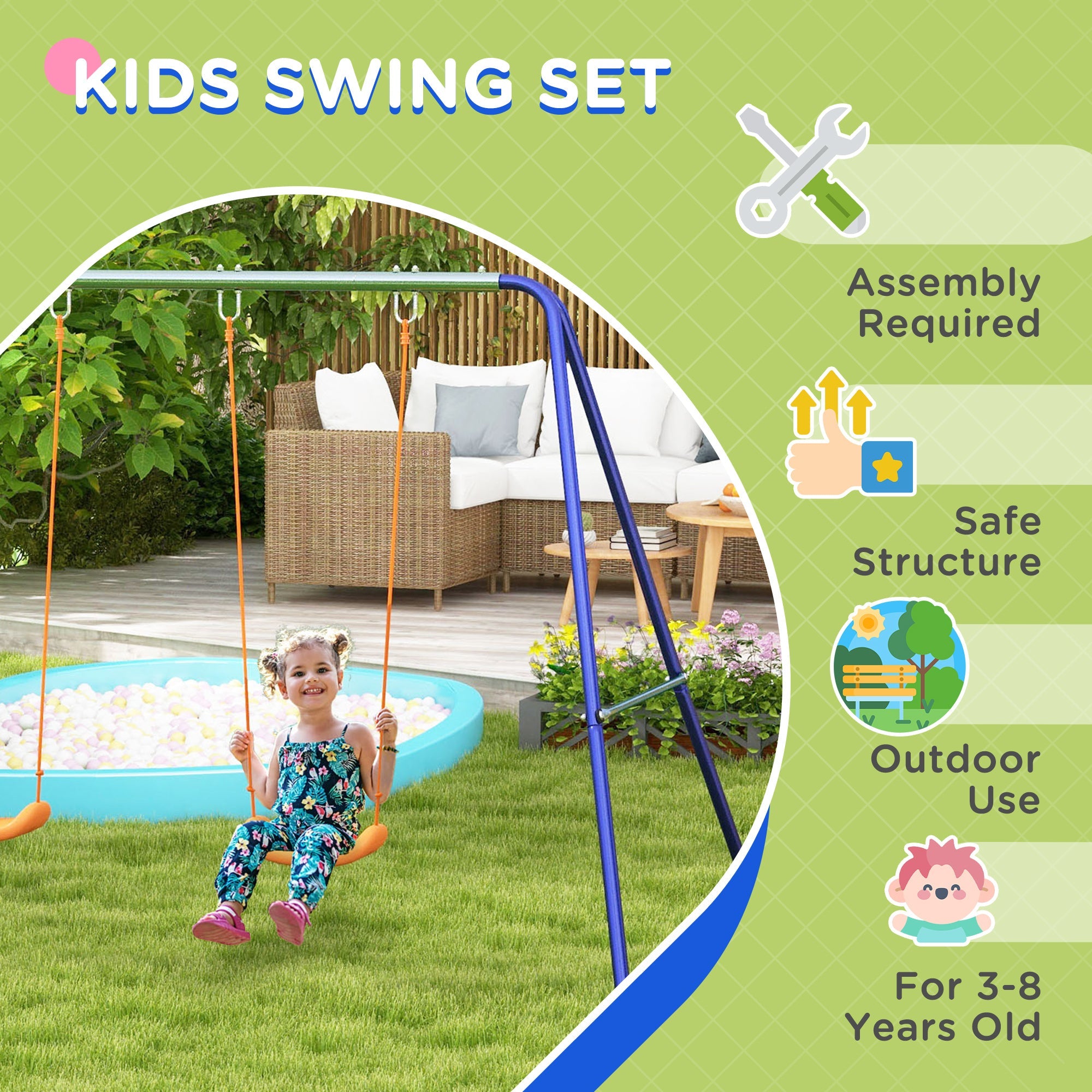 Outsunny Kids Swing Set Outdoor Metal Frame Double Swing Seats 1-2 Children 3-8 Years Playground 