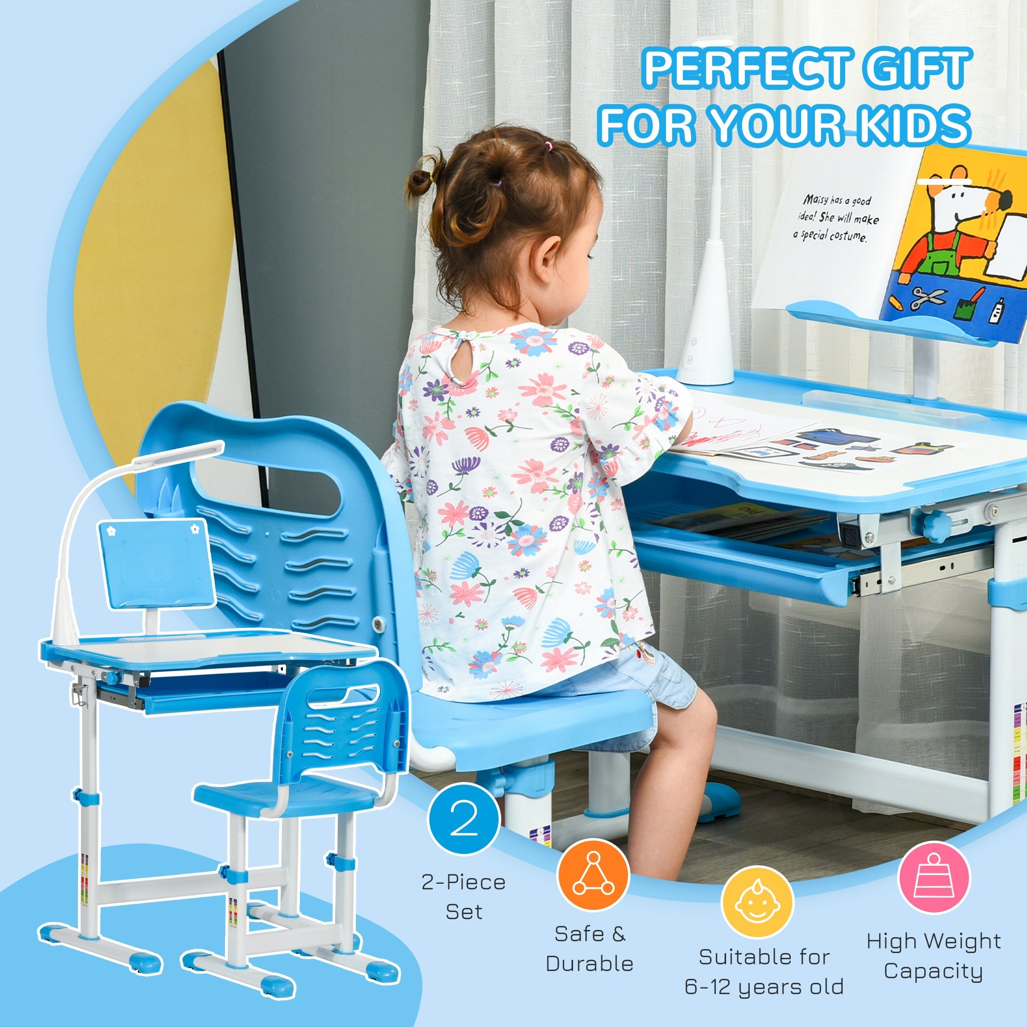 Qaba Adjustable Kids Desk Chair Set with Tilt Desktop LED Lamp Blue for Student Study Comfort 