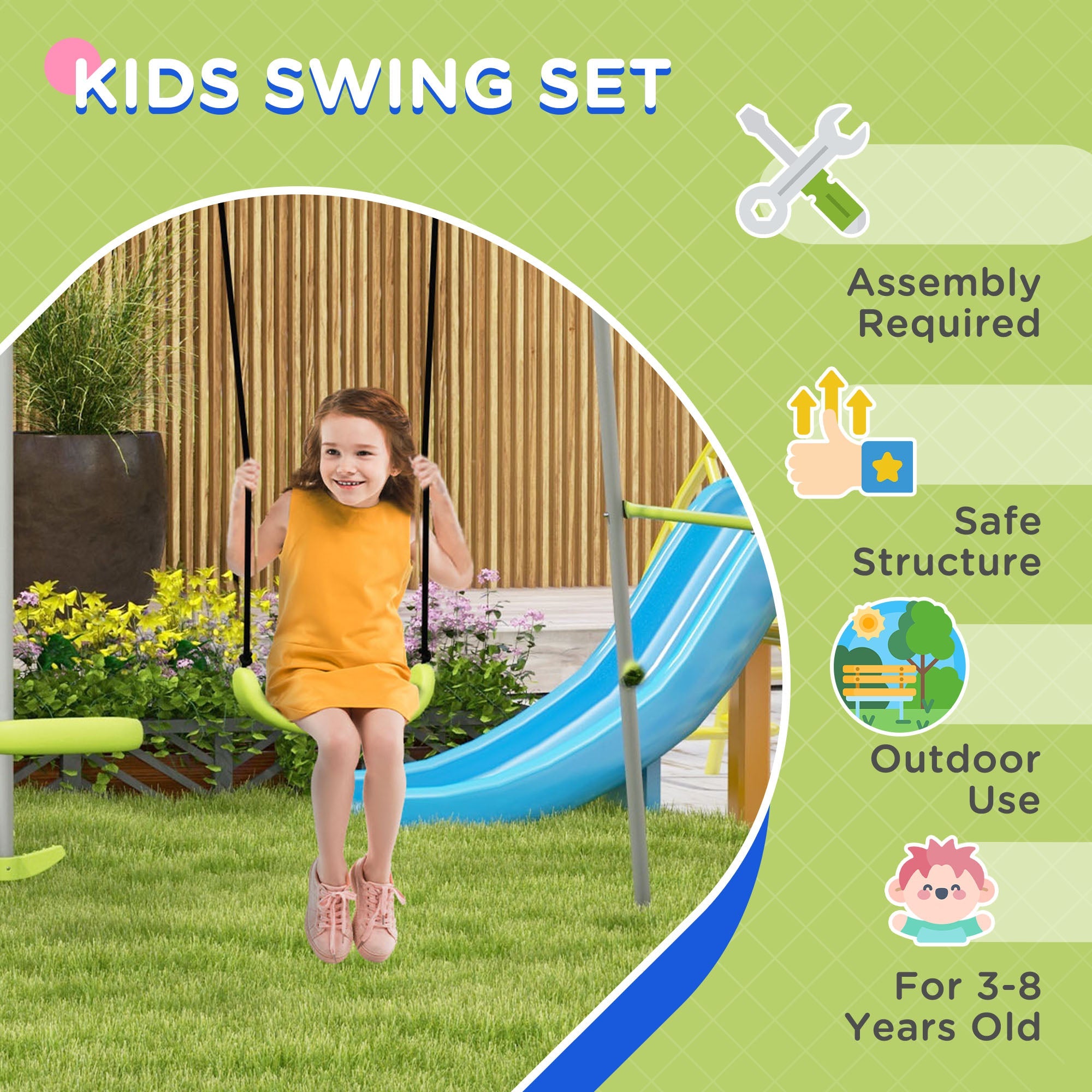 Outsunny Swing Set for Kids, Heavy Duty A-Frame Metal Swing Frame with Glider, Swing Seat, Ground Stakes for Backyard, Green 