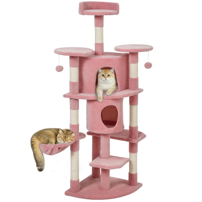 62" Cat Tree with Scratching Post, 2 Condos, Hammock, Perches, Plush, Pompoms, for Indoor Cats, Pink