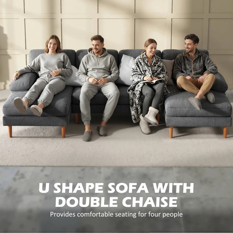 U Shape Couch with Double Chaise Lounge, Modern 4 Seater Sofa with Wooden Legs, Fabric Sofa for Living Room, Dark Grey