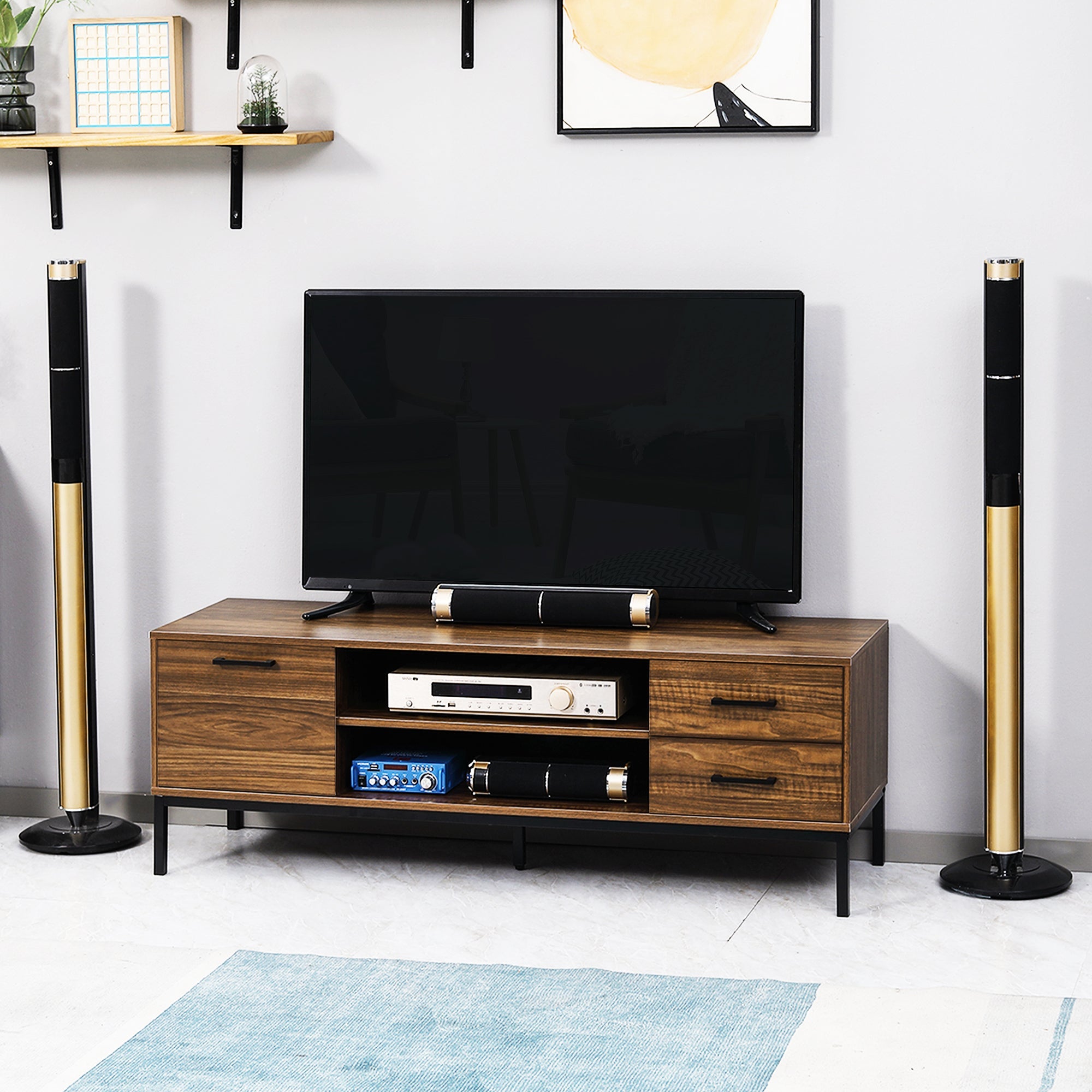 HOMCOM TV Stand: For 50" TVs, Entertainment Center with Door, Open Storage, Drawers, Steel Legs, Dark Walnut 