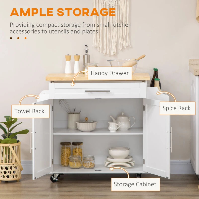 Kitchen Island with Storage, Rolling Cart Trolley with Rubberwood Top, Adjustable Shelf, Drawer, Spice Rack, White