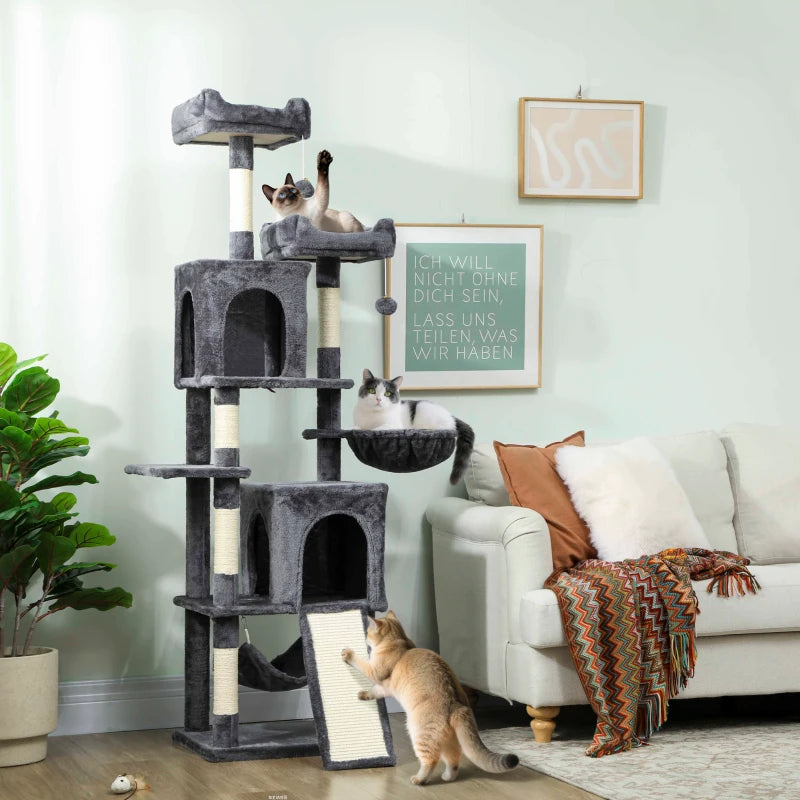Cat Tree, 70" Multi-Level Cat Tower with 2 Condos, 2 Perches, Hammock, Toy Balls, Scratching Posts and Board, Dark Grey