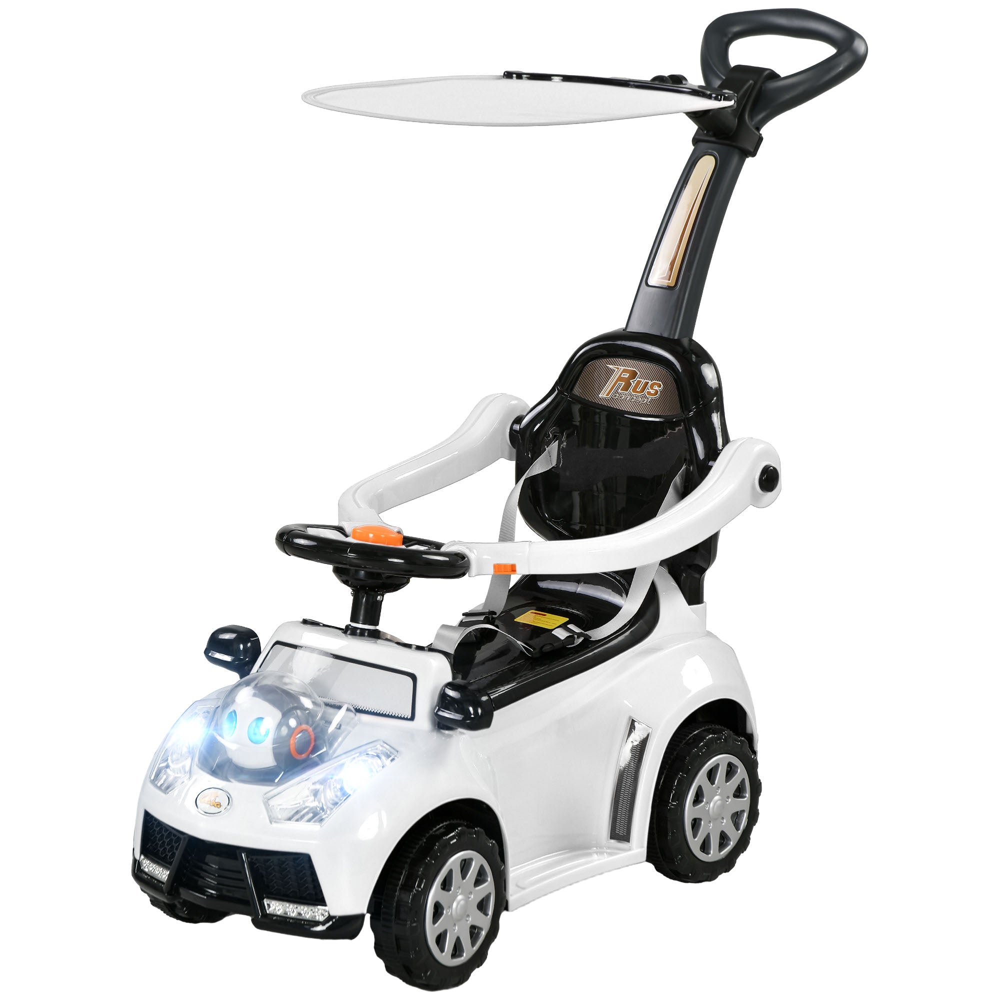 Qaba 3 in 1 Kids Push Car Toddler Sliding Car, Foot to Floor Design with Music, Light, Handle, Removable Canopy, White 