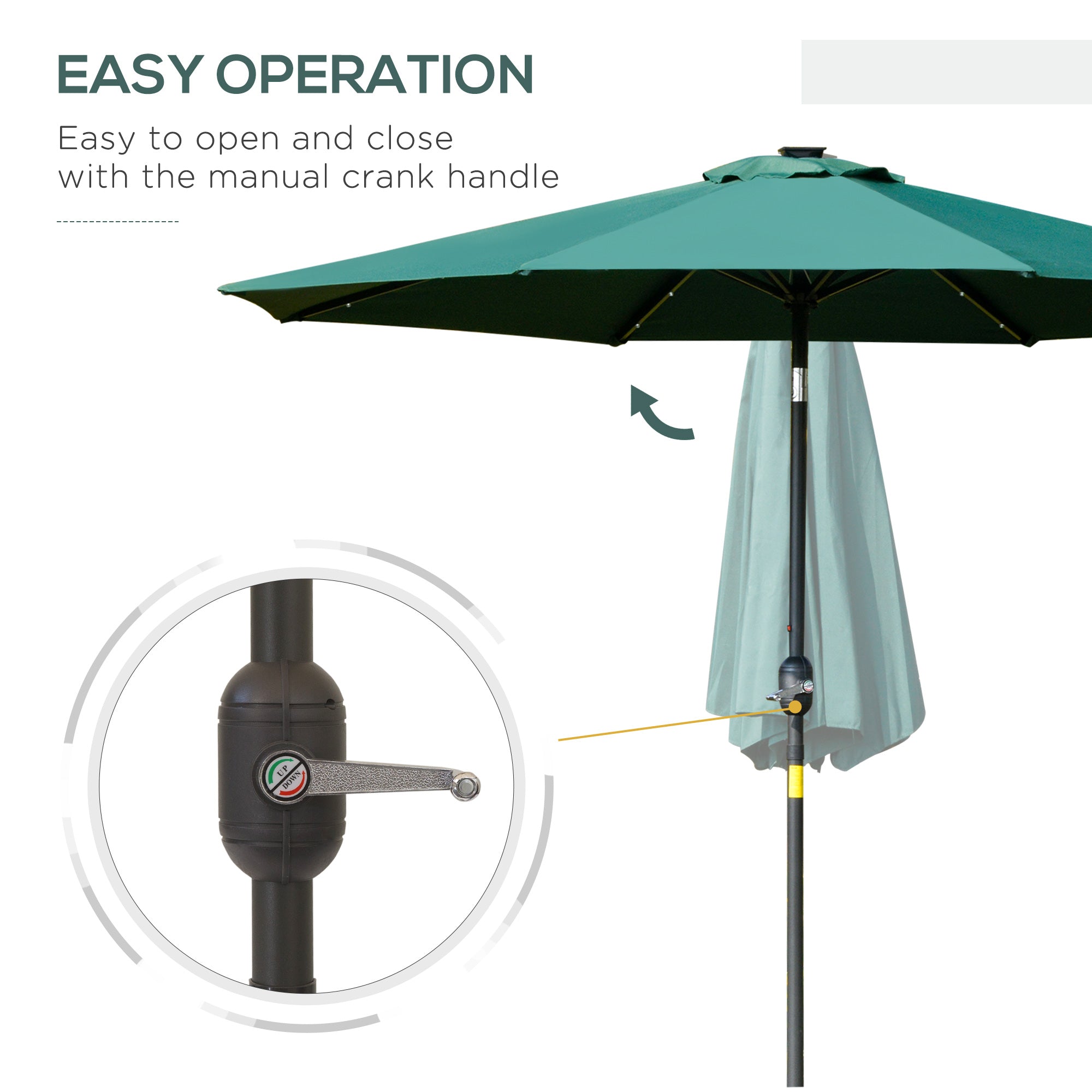 Outsunny 9ft Solar LED Patio Umbrella: Green Crank Tilt Sunshade for Garden, Beach & Outdoor Use 