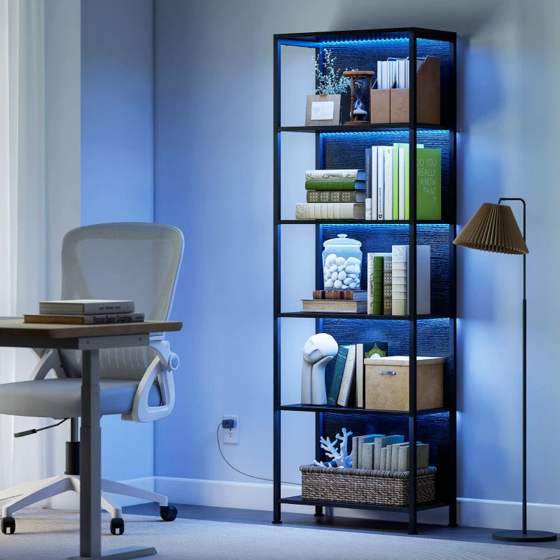5-Tier Bookshelf, Freestanding Bookcase with LED Lights and Metal Frame for Living Room, Bedroom, Home Office, Black