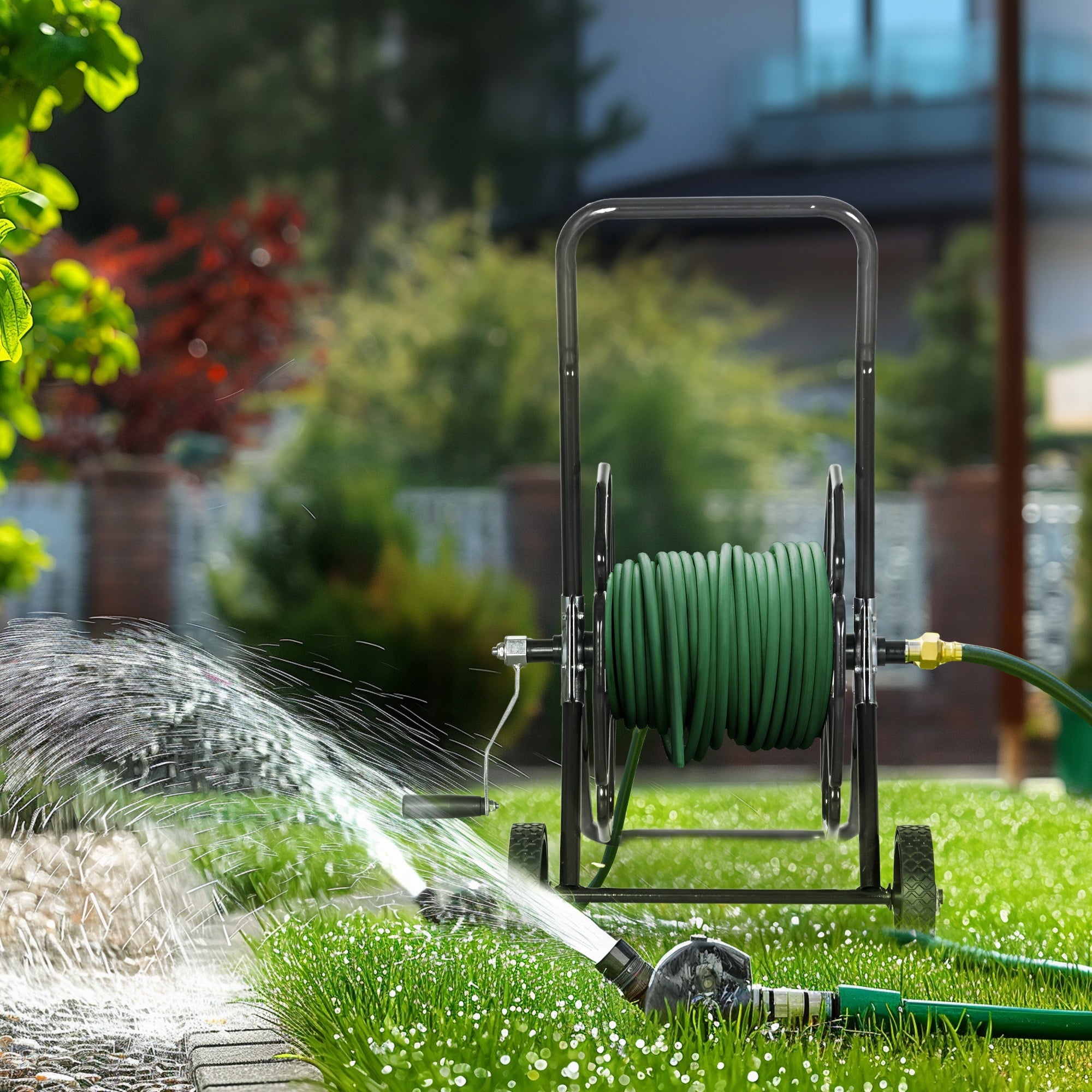 Outsunny 98 ft of 5/8" Hose Reel Cart (Hose Not Included), Garden Water Hose Carts with Wheels for Yard, Lawn, Black 