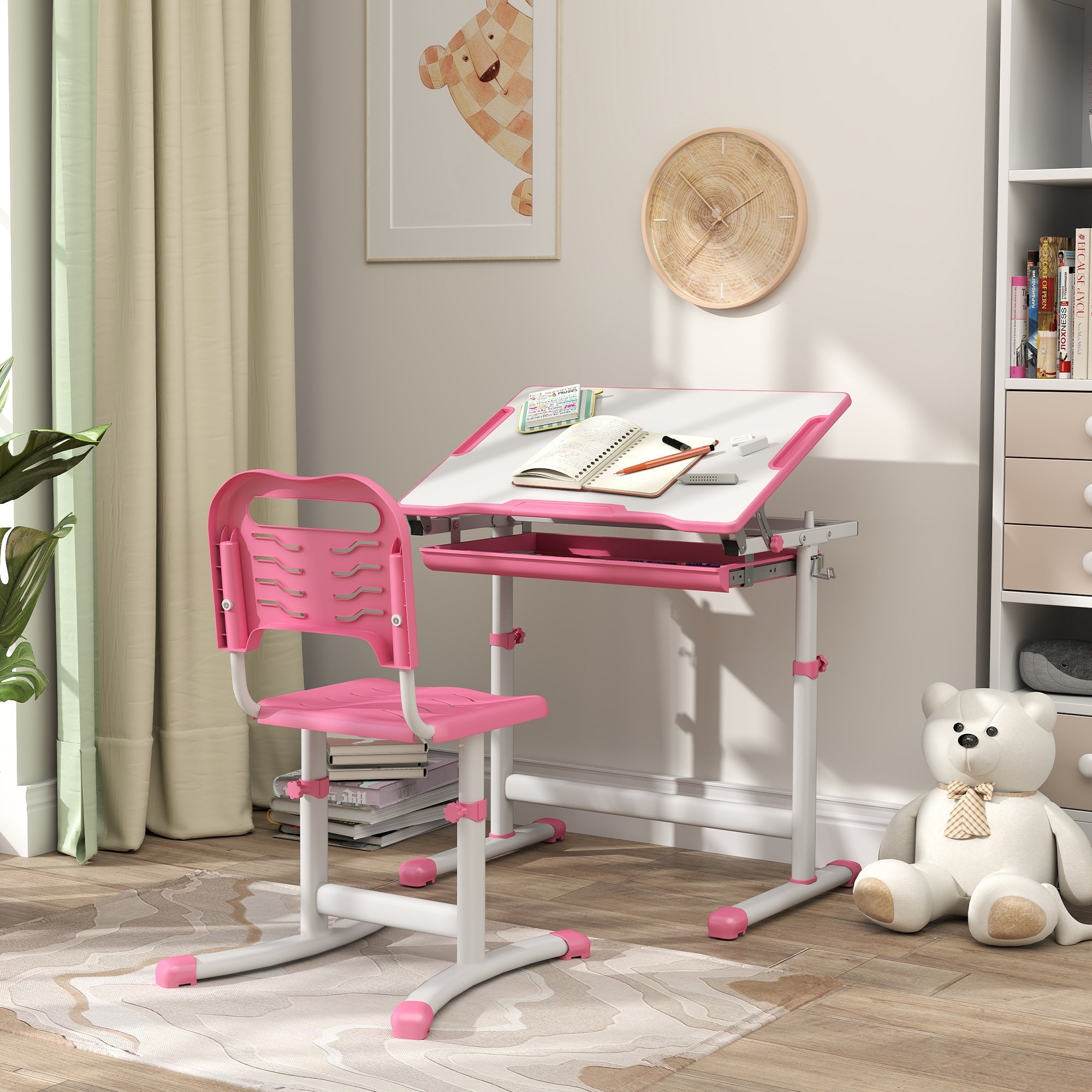Qaba Height Adjustable Study Table and Chair Set with Drawer, Pen Slot, Tiltable Desktop, Hook, Pink 