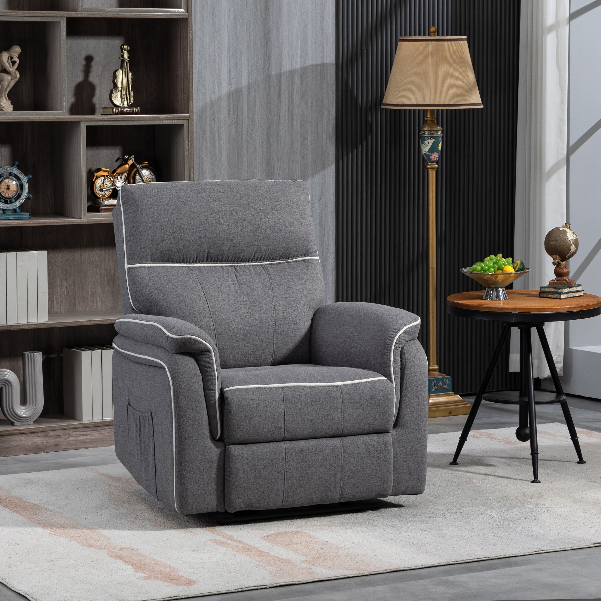 HOMCOM Fabric Reclining Chair, Manual Recliner Chair for Living Room with Footrest, 2 Side Pockets, Steel Frame, Dark Grey 