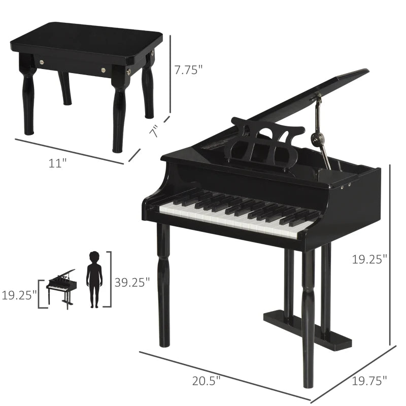Modern Kids Piano, 30 Keys, Set of 2, Mini Toy for Child, Grand Piano with Music Stand and Bench, Ideal Gift, Black