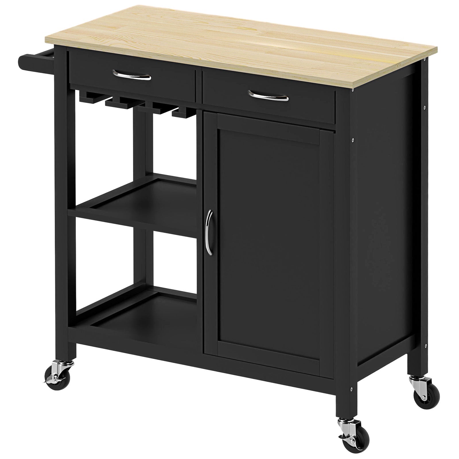 HOMCOM Kitchen Storage Trolley Cart Serving Cart 2 Drawers Wine Glass Rack Towel Rail 