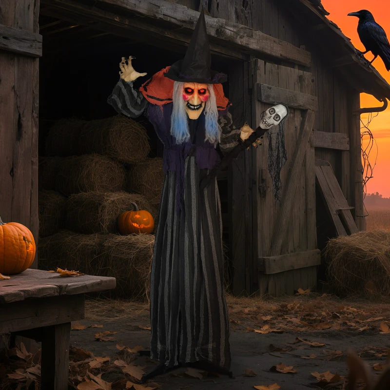 Outsunny Animatronic Standing Witch – Voice-Activated Halloween Prop with Skull Staff & Flashing Eyes 