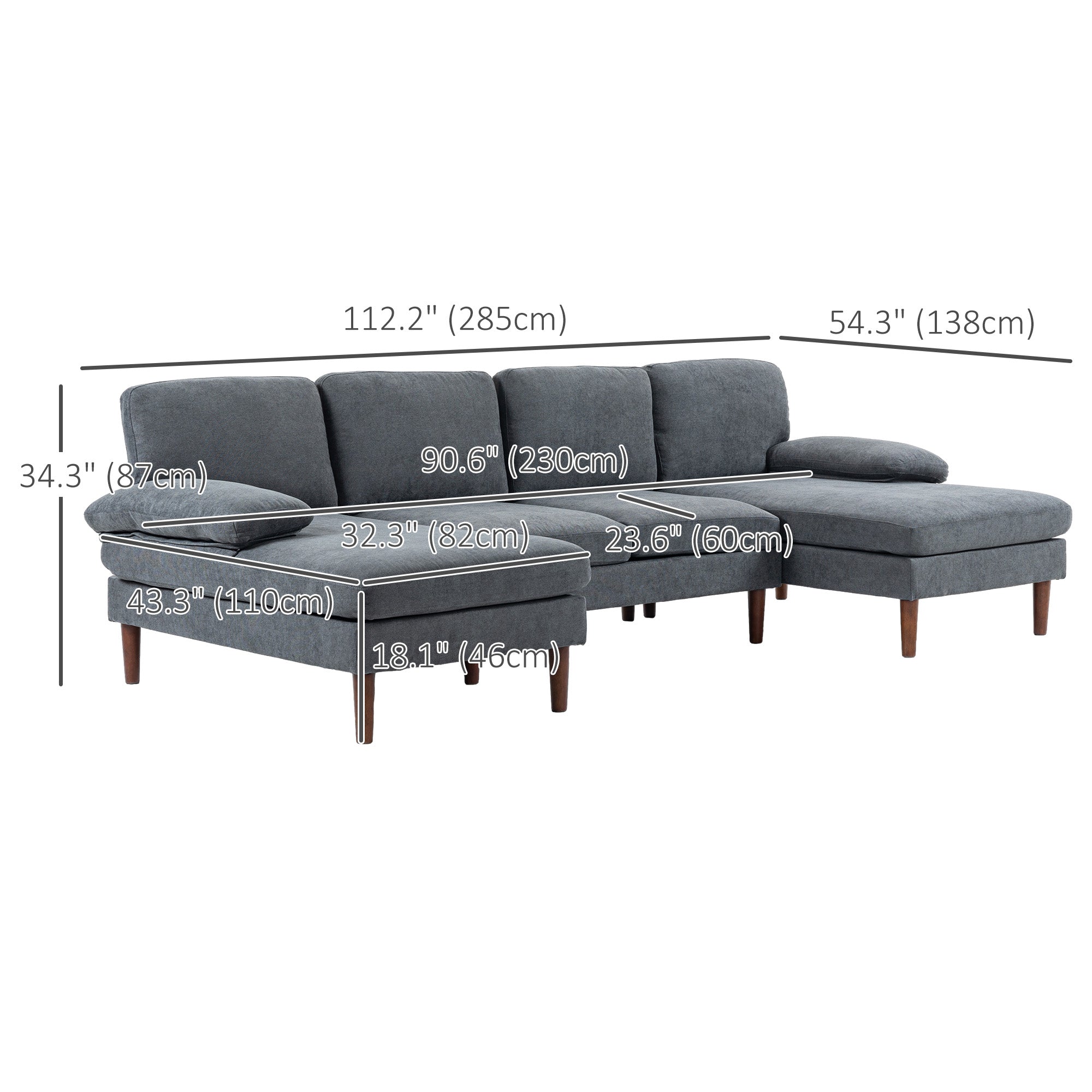 HOMCOM U-Shaped Dark Grey Couch - Contemporary 4-Seater Sofa with Double Chaise Lounge & Wooden Legs for Spacious Living Areas 