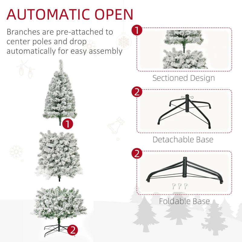 HOMCOM 7.5FT Prelit Snow Flocked Christmas Tree with Warm White LED Lights, Artificial Holiday Decoration 
