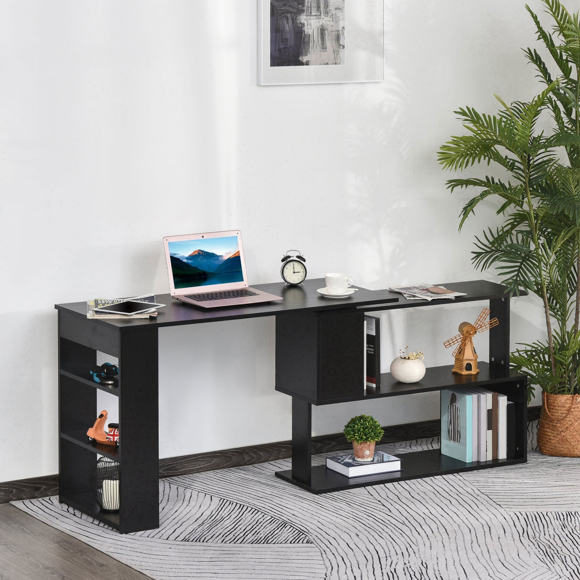HOMCOM Rotating L-Shaped Desk Corner Computer Workstation with Storage Shelf Home Office Writing Table Black 