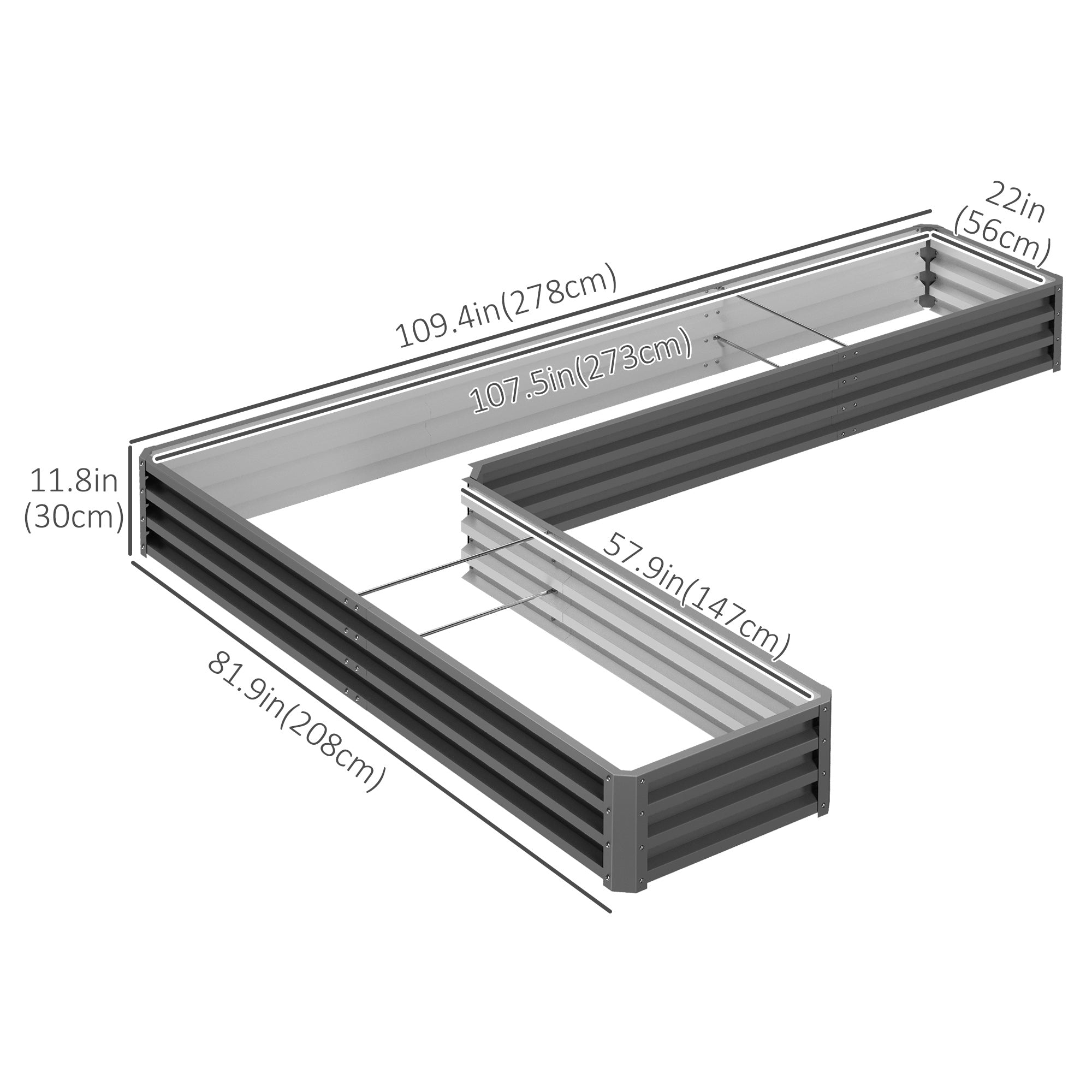 Outsunny 82" x 109" x 12" L-Shaped Galvanized Steel Raised Garden Bed Planter Box Multi-Rods Dark 