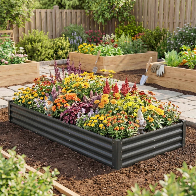 8 x 4 x 1ft Galvanized Raised Garden Bed, Reinforced Outdoor Planter Box with Open Bottom, Dark Grey