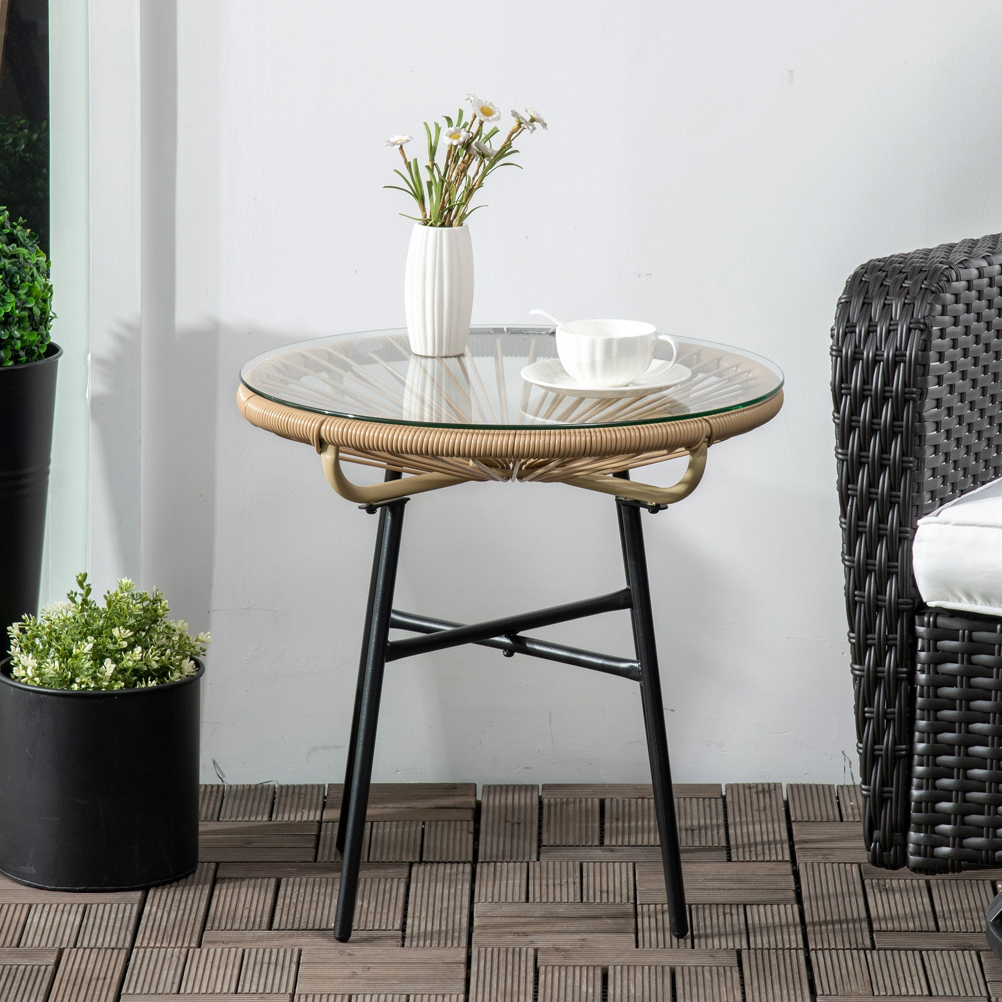 Outsunny Rattan Side Table Round Outdoor with PE Rattan Tempered Glass Top Patio Garden Beige 
