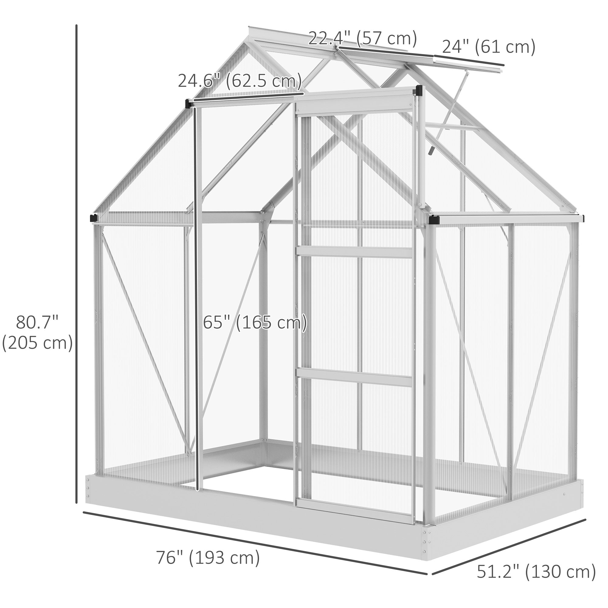 Outsunny Walk-In Greenhouse 6' x 4' Polycarbonate Aluminium Frame Sliding Door Window Foundation Silver 