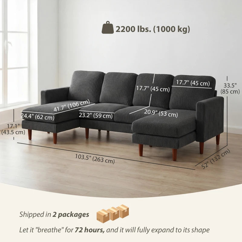 Sectional Sofa, Corduroy U Shaped Couch with Double Chaise and Spring Cushions, 2200lb Capacity, Dark Grey