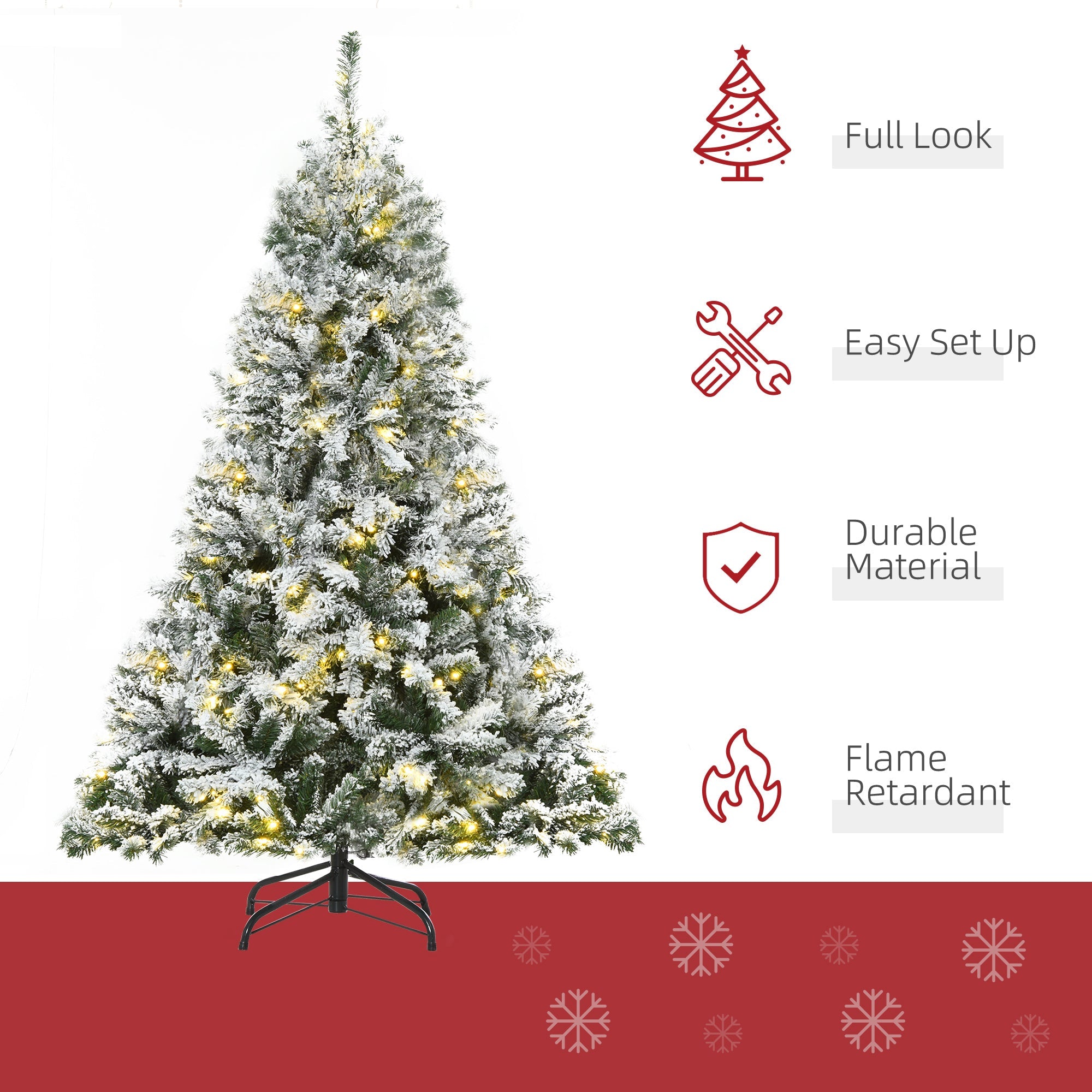 HOMCOM 6ft Tall Snow Flocked Artificial Tree with 928 Branches 250 LED Warm White Light for Holiday Home Christmas Decoration, Green 