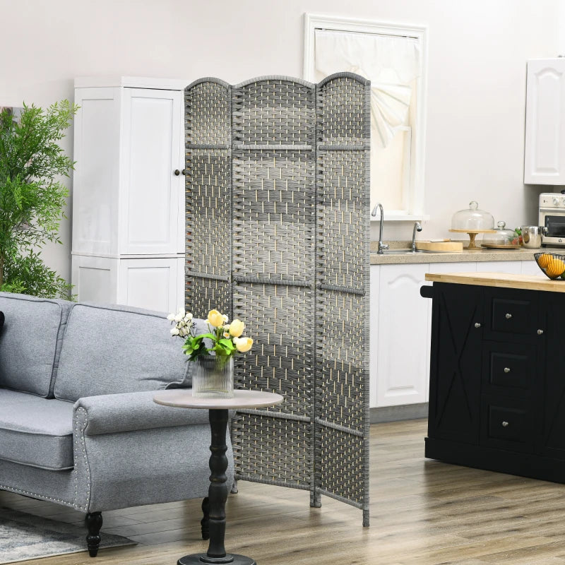 6 Ft Tall Folding Room Divider, 3 Panel Portable Privacy Screen, Hand-Woven Partition Wall Divider, Mixed Grey