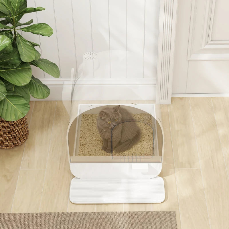 Cat Litter Box with Lid, Removable Tray, Scoop, Filter, White