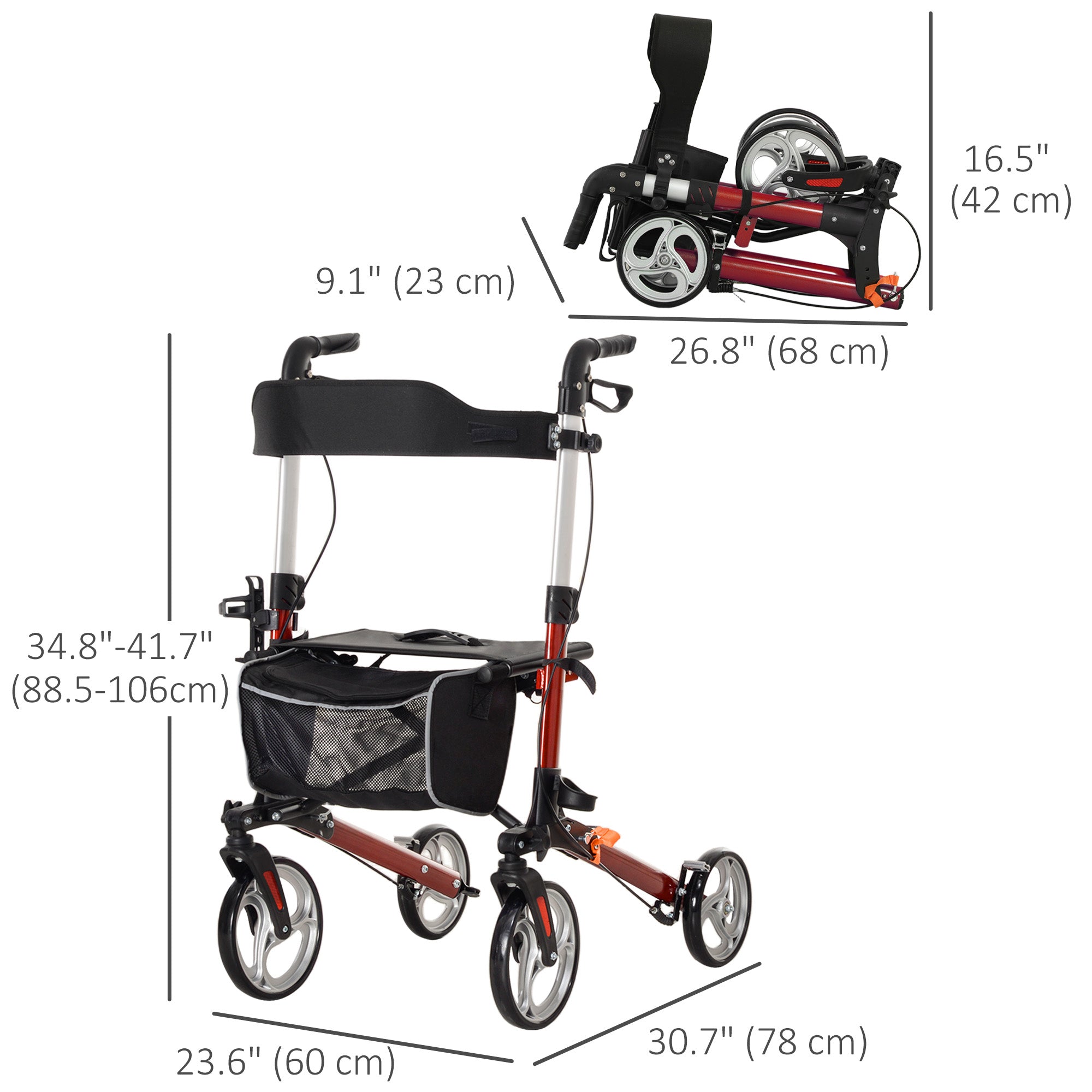 HOMCOM Lightweight Folding Rolling Walker with Large Seat, Back, Adjustable Handle, Bag, Dual Brake, Cane Holder, Red 