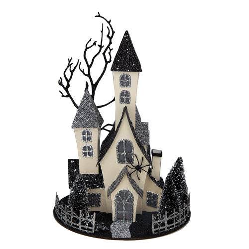 10x8.3x13.5 Cardboard Lighted Haunted House, Black Beige Tabletop Holiday Halloween Decor, Battery Powered 