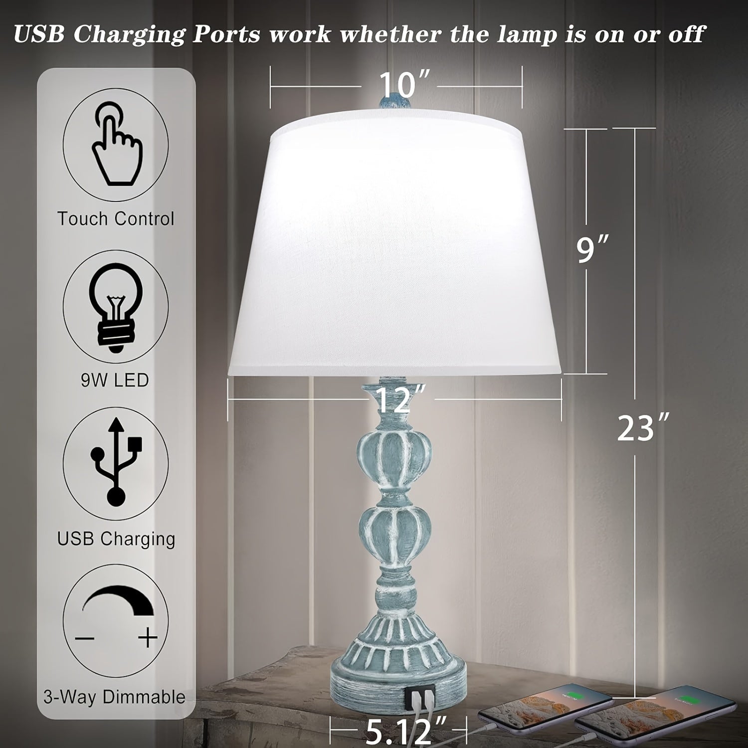 Coastal Farmhouse Table Lamp Set – 3-Way Dimmable Touch Control with Dual USB Ports, Blue Washed White Finish – Perfect for Nightstands or Living Rooms (Set of 2) 