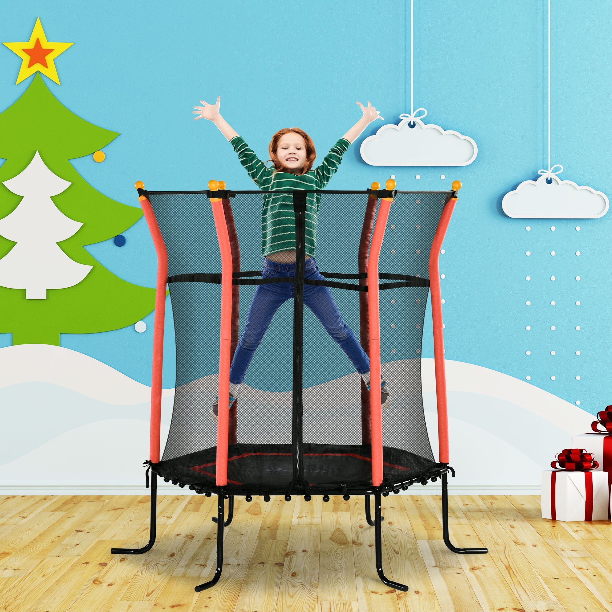 Soozier 64" Kids Trampoline Indoor/Outdoo with Enclosure Net Elastic Thick Padded Pole Gift for Ages 3-10 Years Old Red 