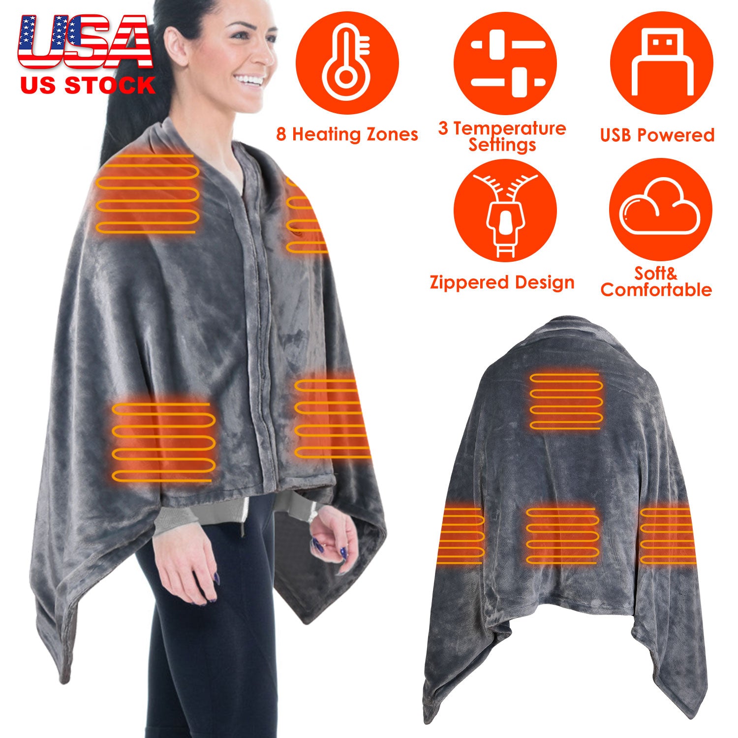 USB Heated Blanket Electric Heated Blanket Heated Poncho Shawl Wrap Throw with Zipper Washable for Home Office 59*31in