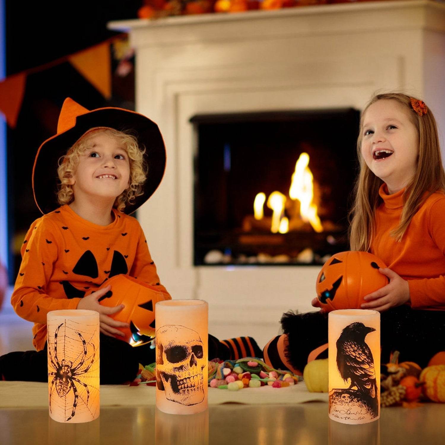 3 Pack Halloween Flameless Candle Lamp With Timer Setting Battery Operated Warm Orange Light Candles For Halloween Party Decoration 