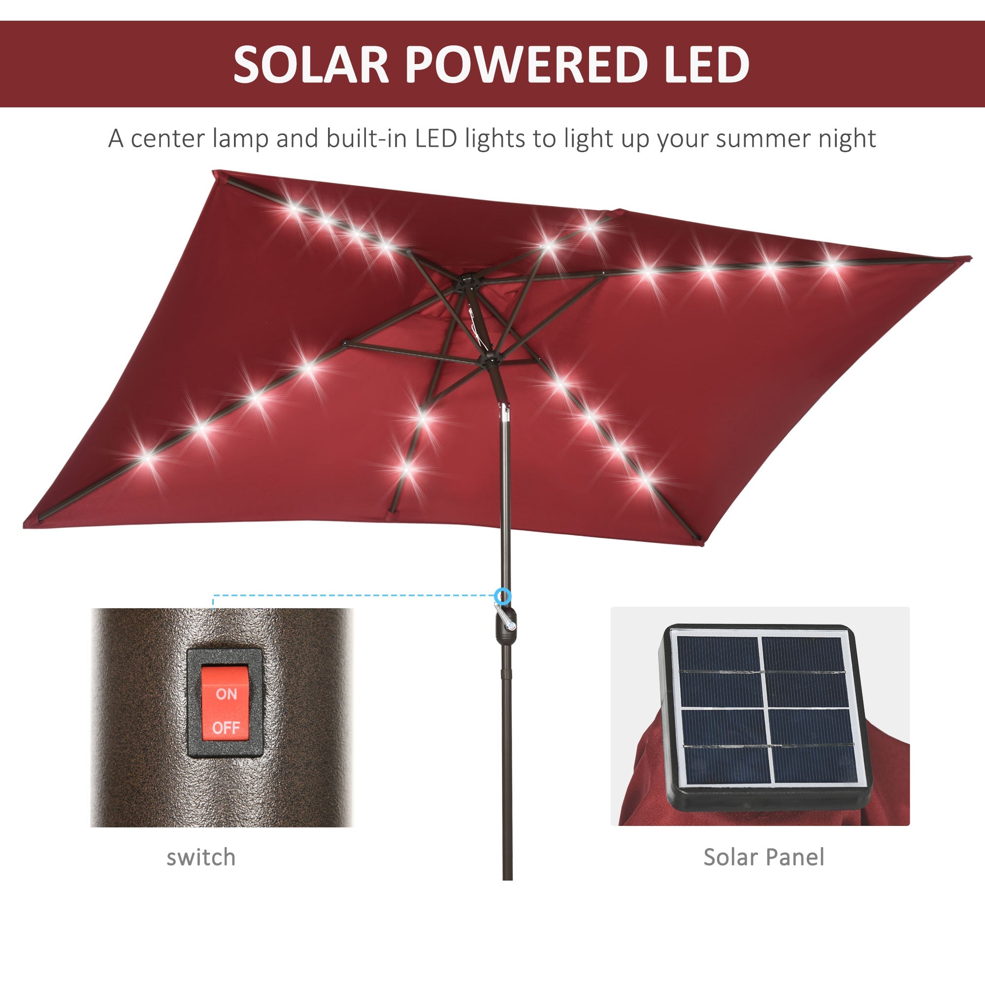 Outsunny 6.5x10ft Patio Umbrella Rectangle Solar Powered Tilt Aluminum Outdoor Market Parasol with LEDs Crank (Wine Red) 
