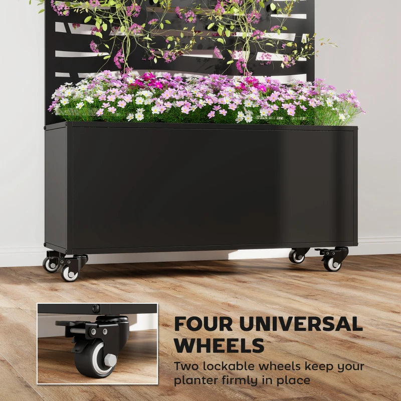 Metal Planter Box with Trellis, Raised Garden Bed with Twigs Slatted Cut-Out Privacy Screen and Wheels
