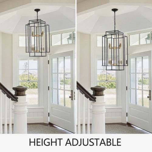 8 Lights Black & Gold Lantern Tiered Chandelier, Industrial Farmhouse Chandelier - No Bulbs 