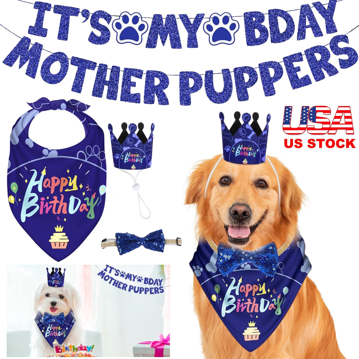 Dog Birthday Bandana Hat Set Dog Birthday Party Supplies Cute Dog Birthday Banner Decoration with Hat Bandana Bowtie