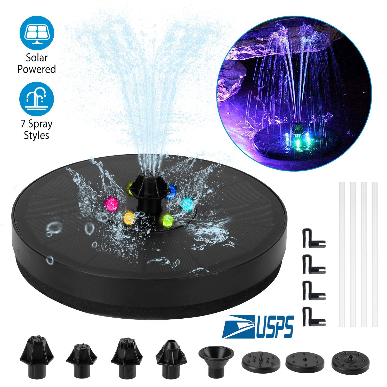 Solar Powered Fountain Pump Floating Bird Bath Pond Pump w/ LED Lights 7 Nozzles For Aquarium Garden Backyard Pond Pool Outdoor 