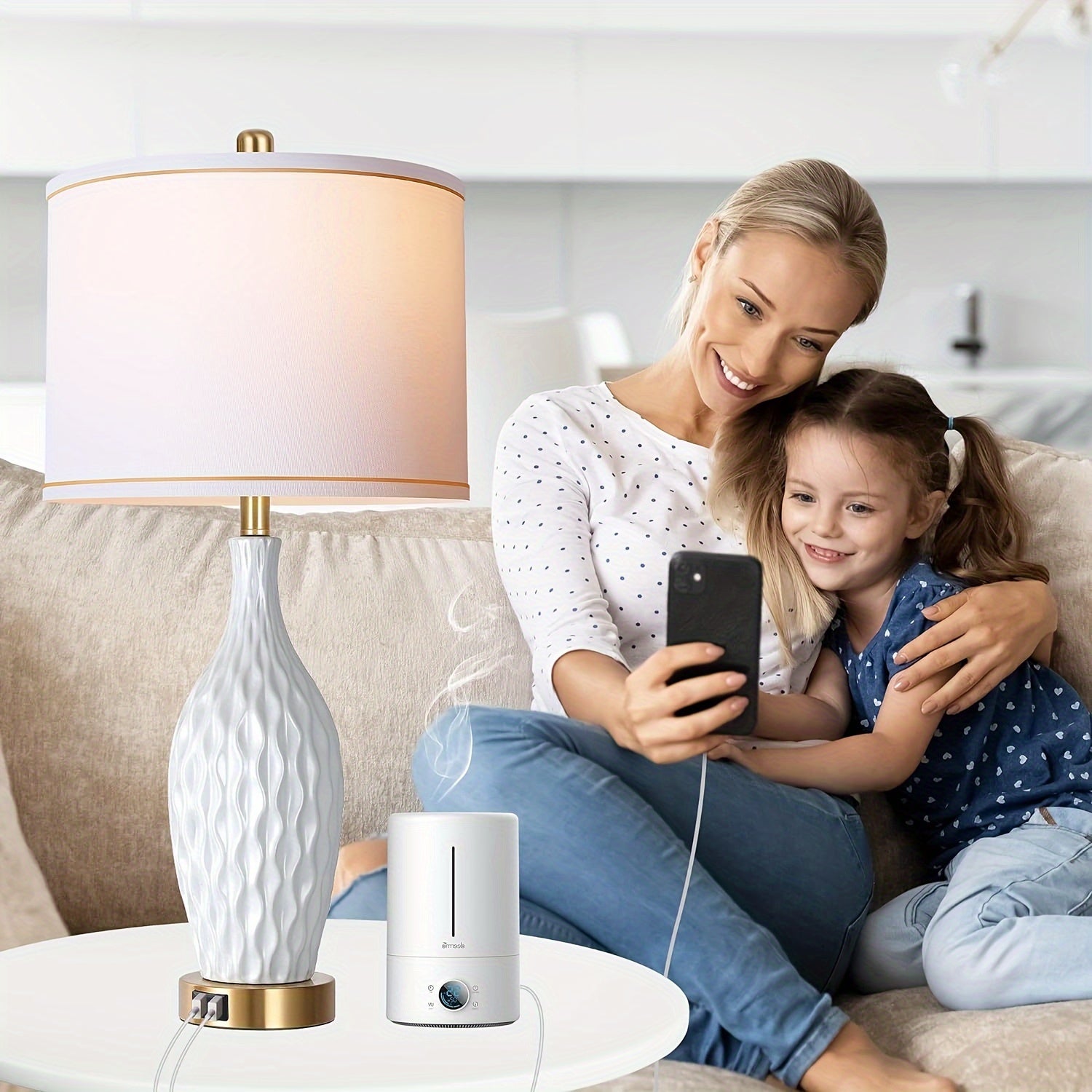 White Table Lamp Set of 2, 3-Way Dimmable Touch Control with USB Ports, 27inch, Linen Shade (LED Bulb Included) 