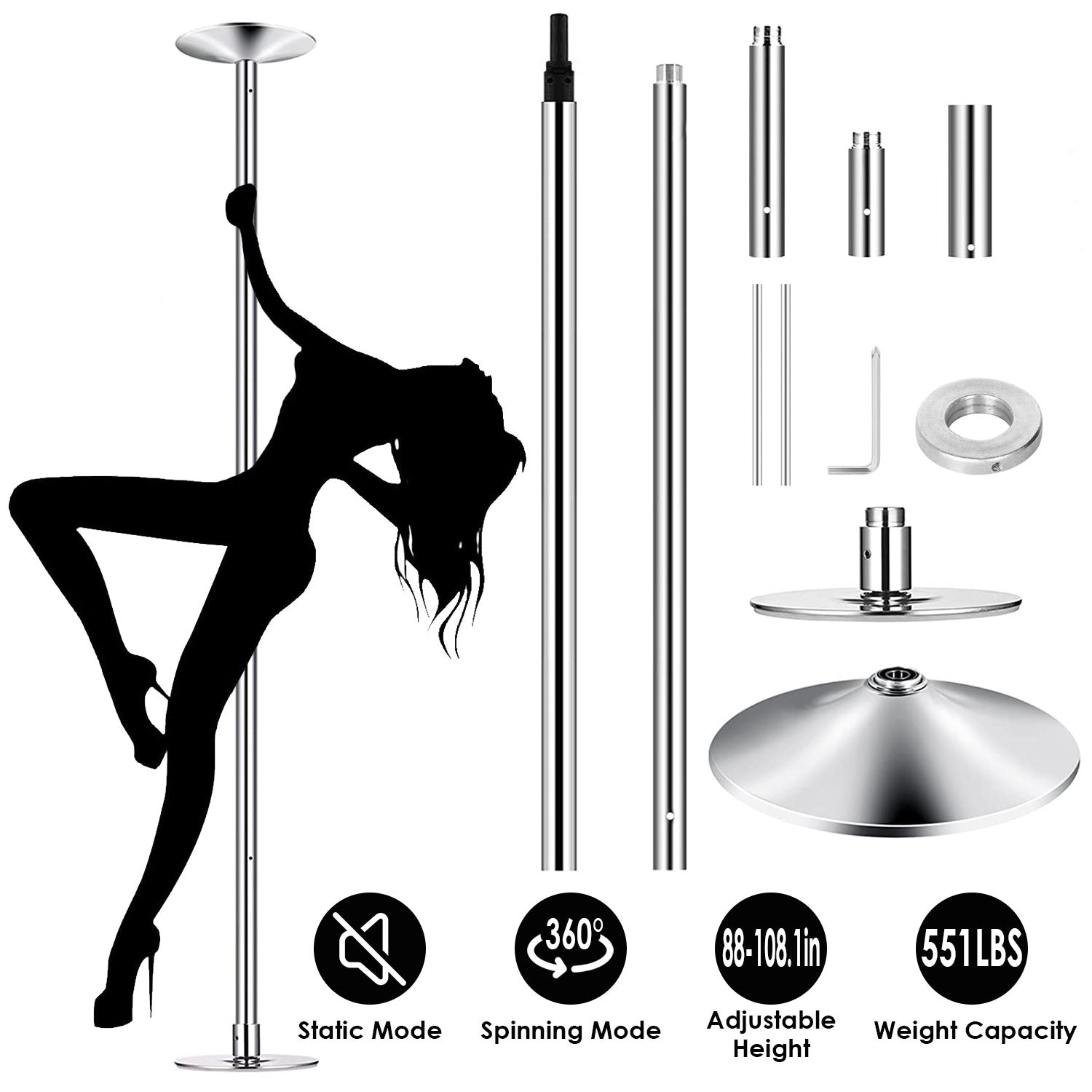 Stripper Dance Pole 45mm Spinning Static Dancing Pole with 88-108.1in Adjustable Height 551LBS Weight Capacity for Fitness Exercise Party Home Club Gy 